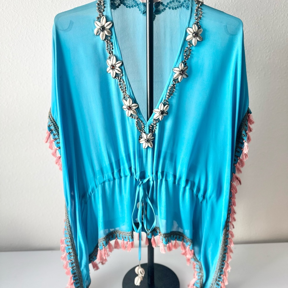 Matthew Williamson Turquoise Floral Trim Swim Cover-Up